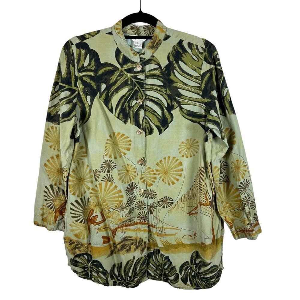 Citron  button down Silk Linen tropical hawaii print Women’s Sz Small 3/4 Sleeve